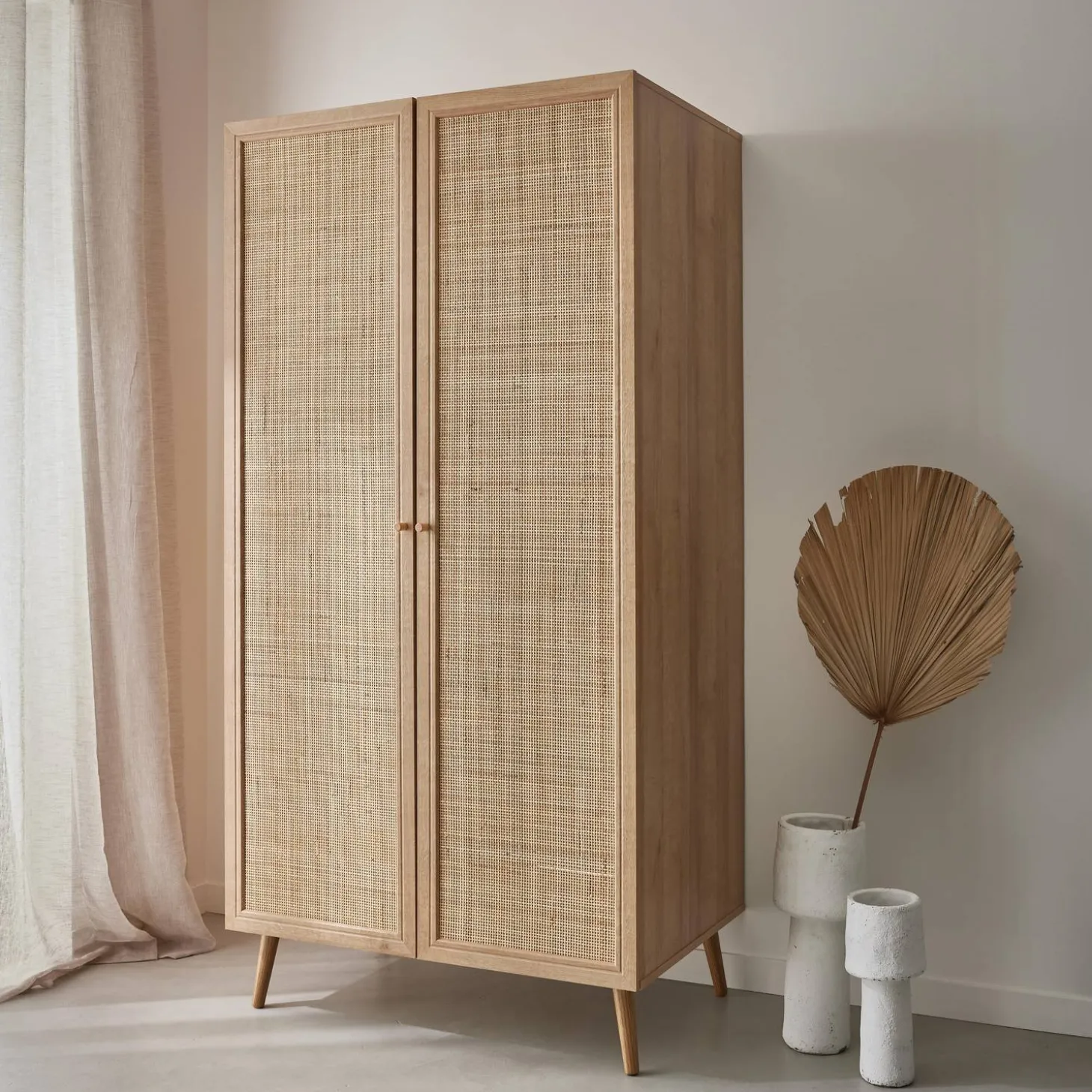 2-door cane and wood-effect wardrobe
