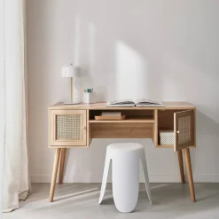 2-door desk with wood and cane effect