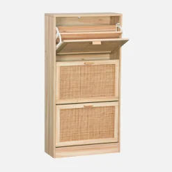 3-door shoe cabinet with cane and wood effect