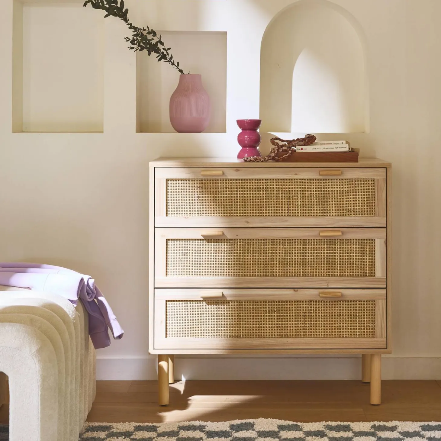 3-drawer chest with cane and wooden effect