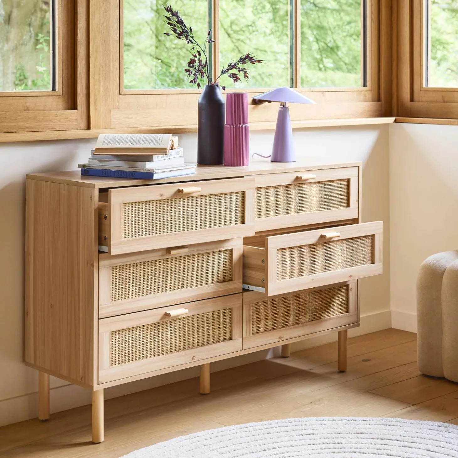6-drawer chest with cane and wooden effect