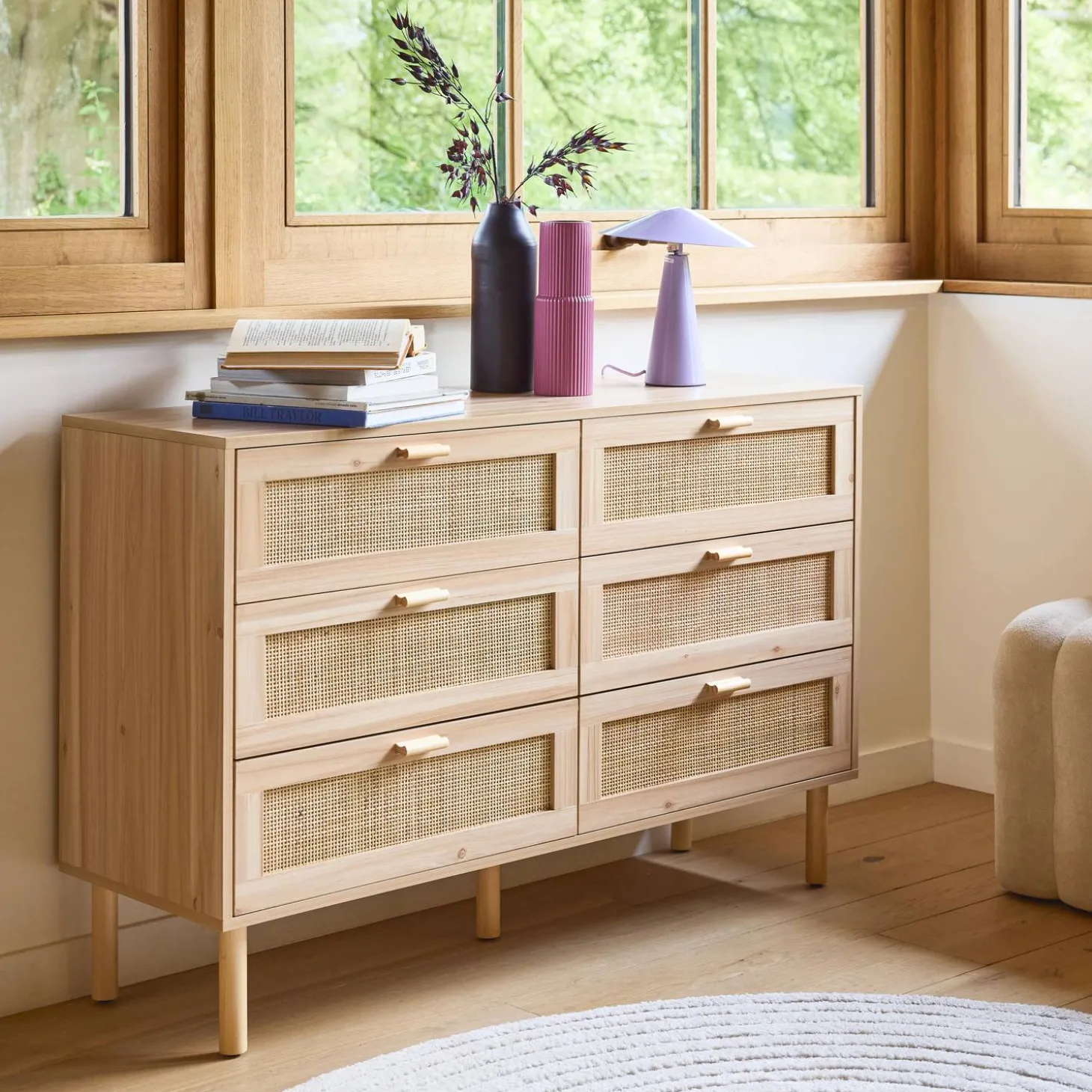 6-drawer chest with cane and wooden effect