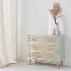 3-drawer chest with wood and cane effect