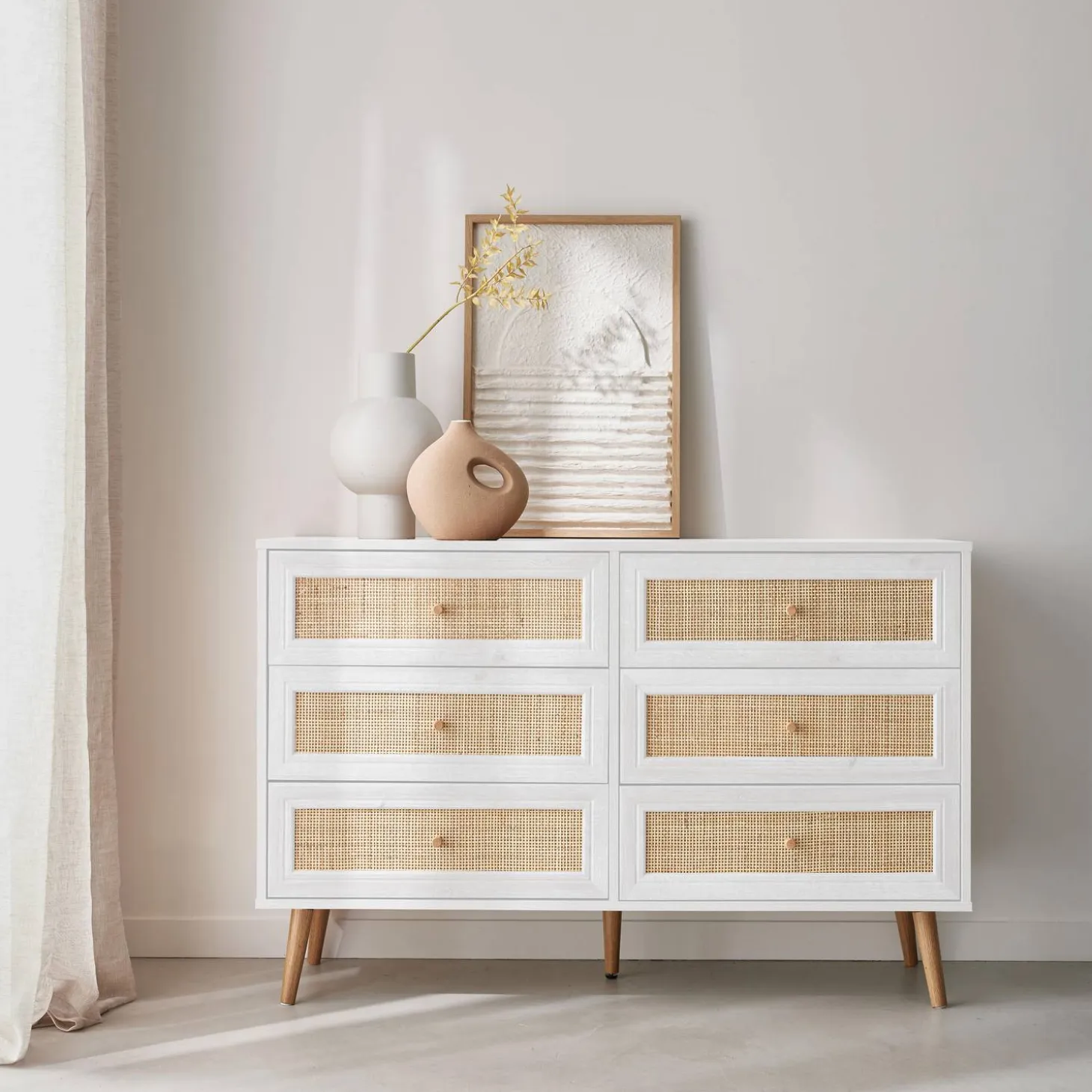6-drawer chest with wood and cane effect