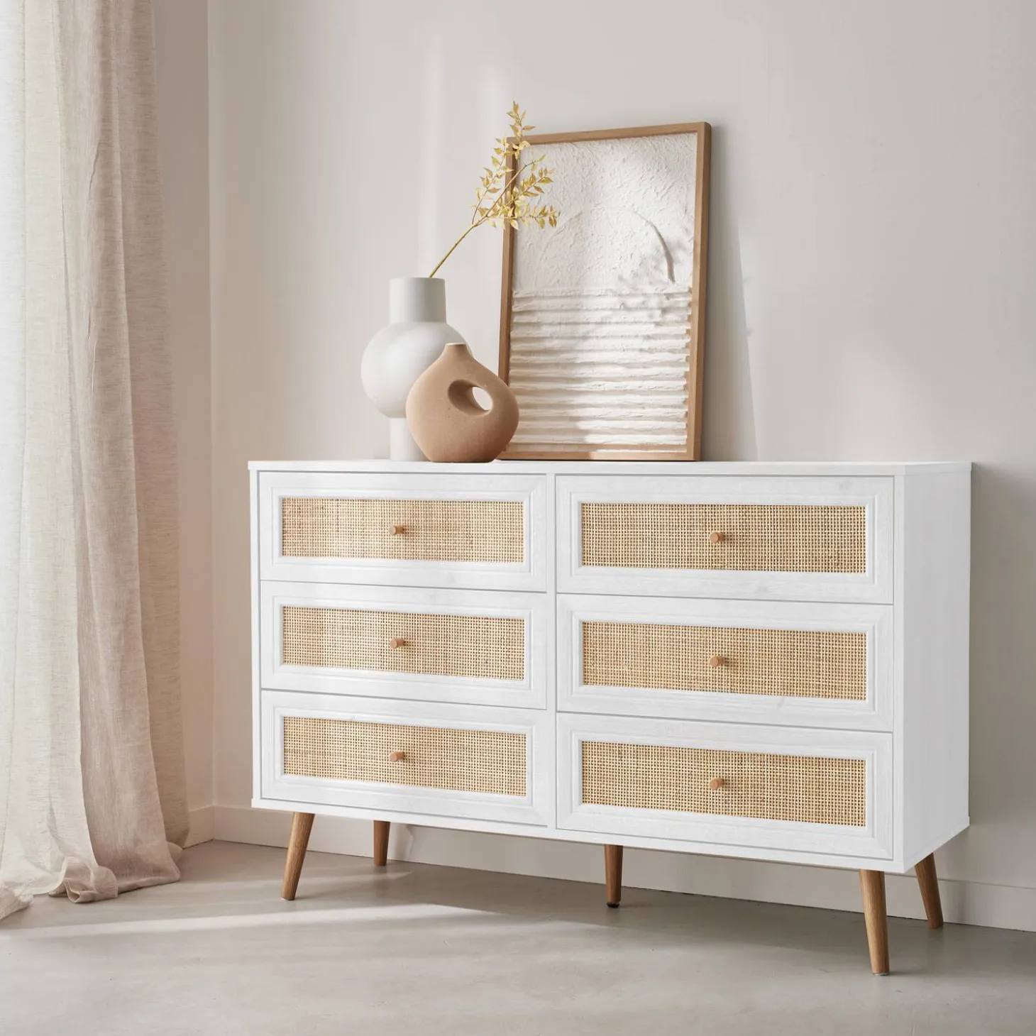 6-drawer chest with wood and cane effect
