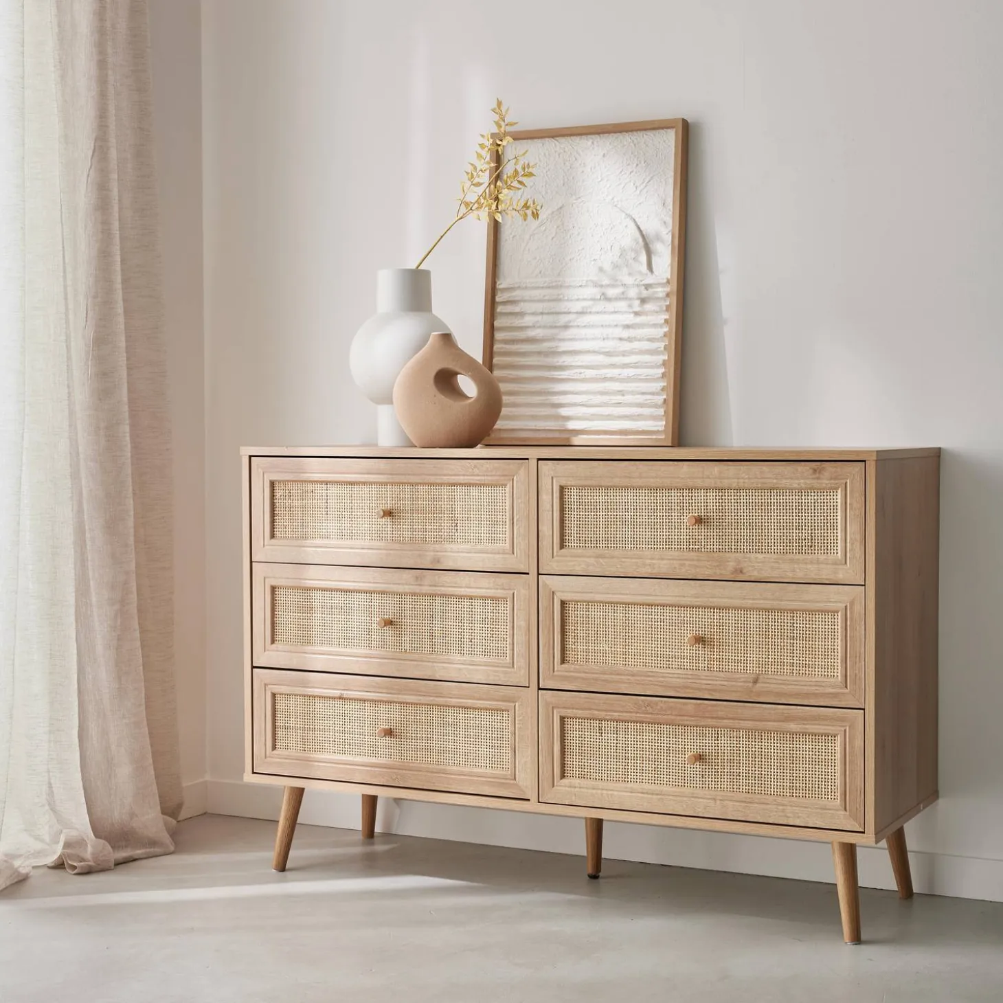 6-drawer chest with wood and cane effect