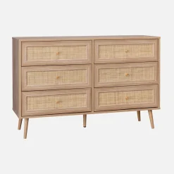 6-drawer chest with wood and cane effect