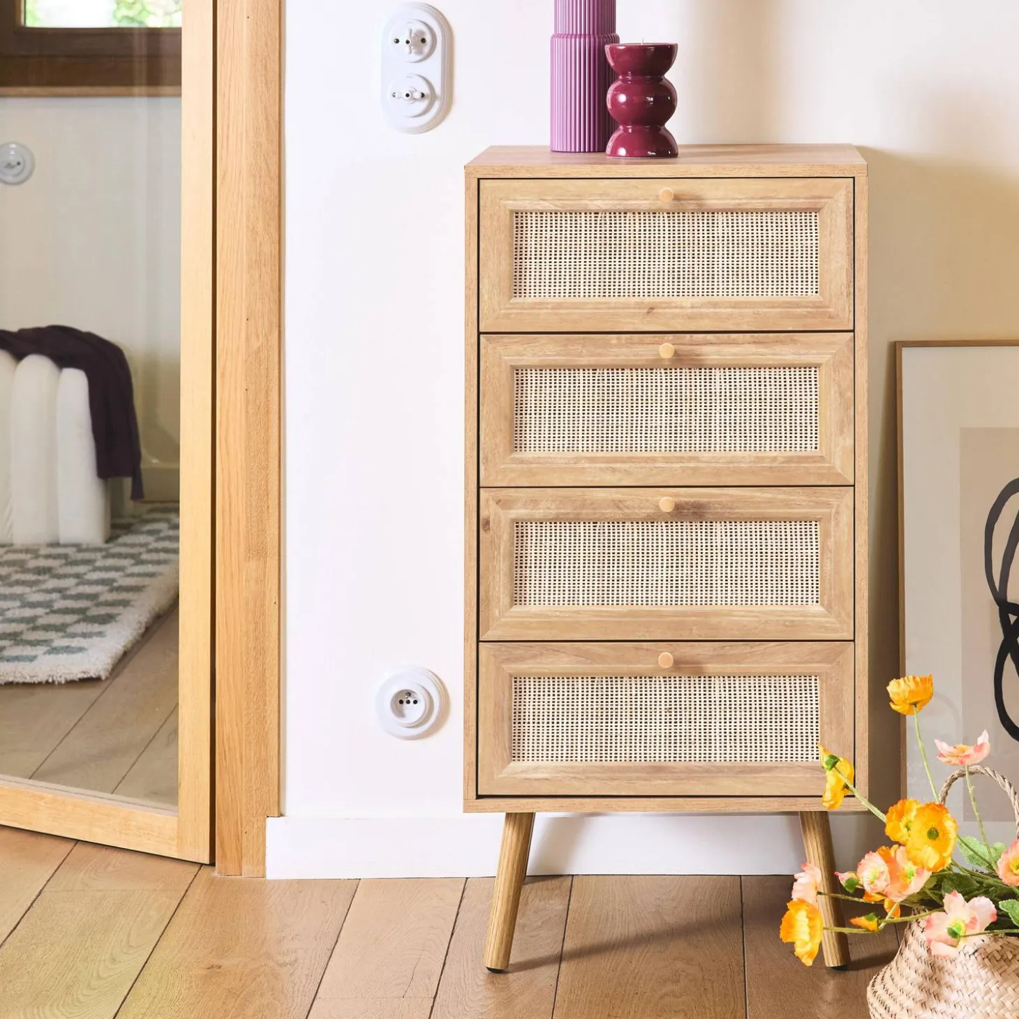 4-drawer chest with wood and cane effect