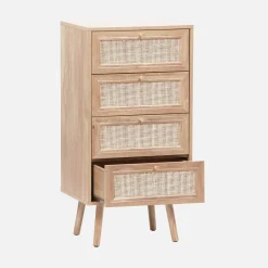 4-drawer chest with wood and cane effect