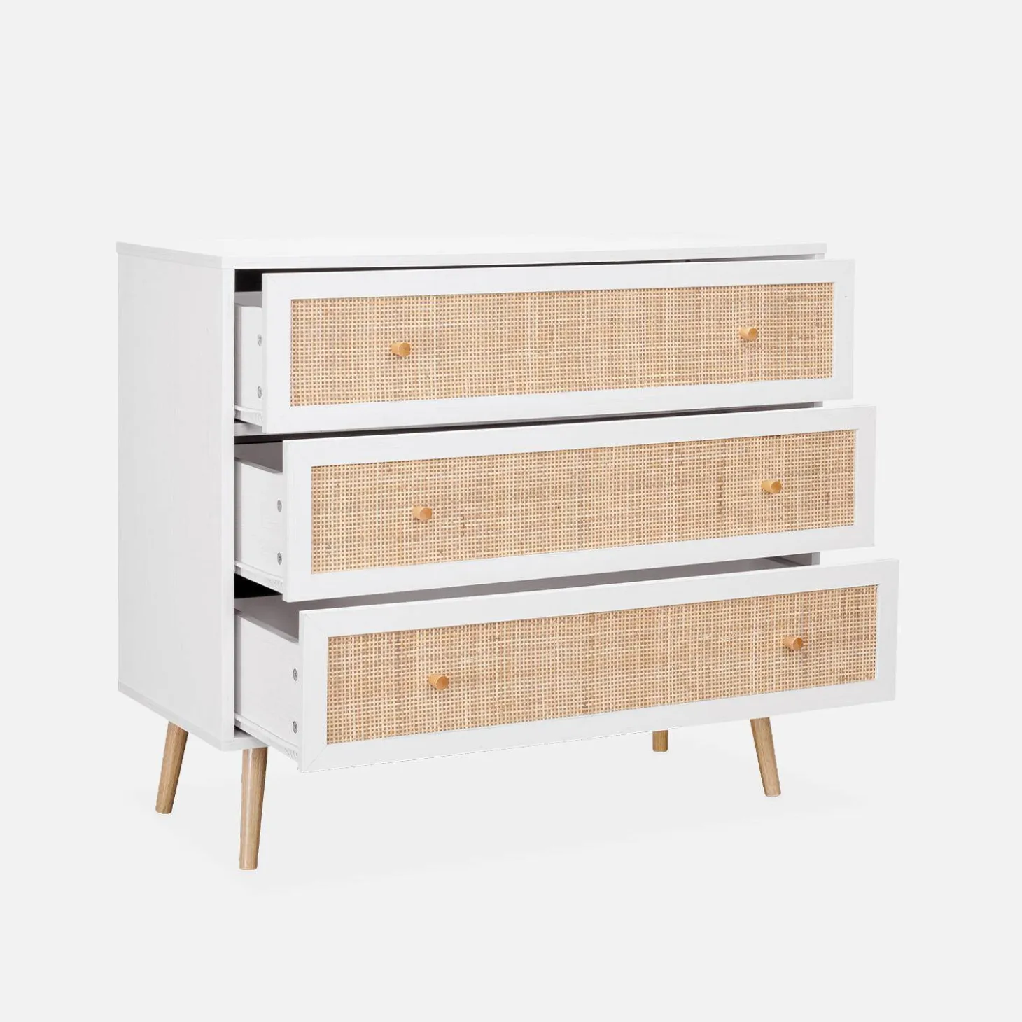 3-drawer chest with wood and cane effect
