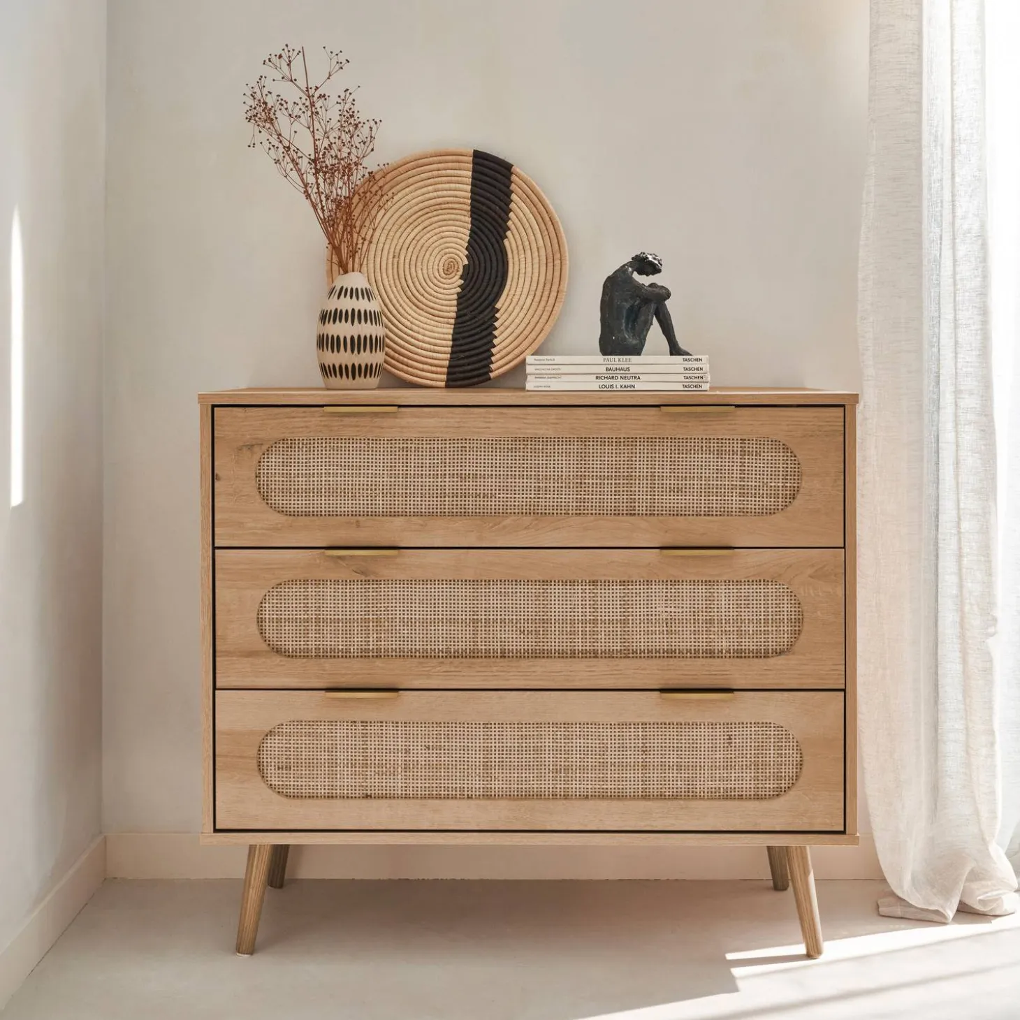 3-drawer chest with wood and rounded cane rattan
