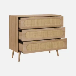 3-drawer chest with wood and rounded cane rattan