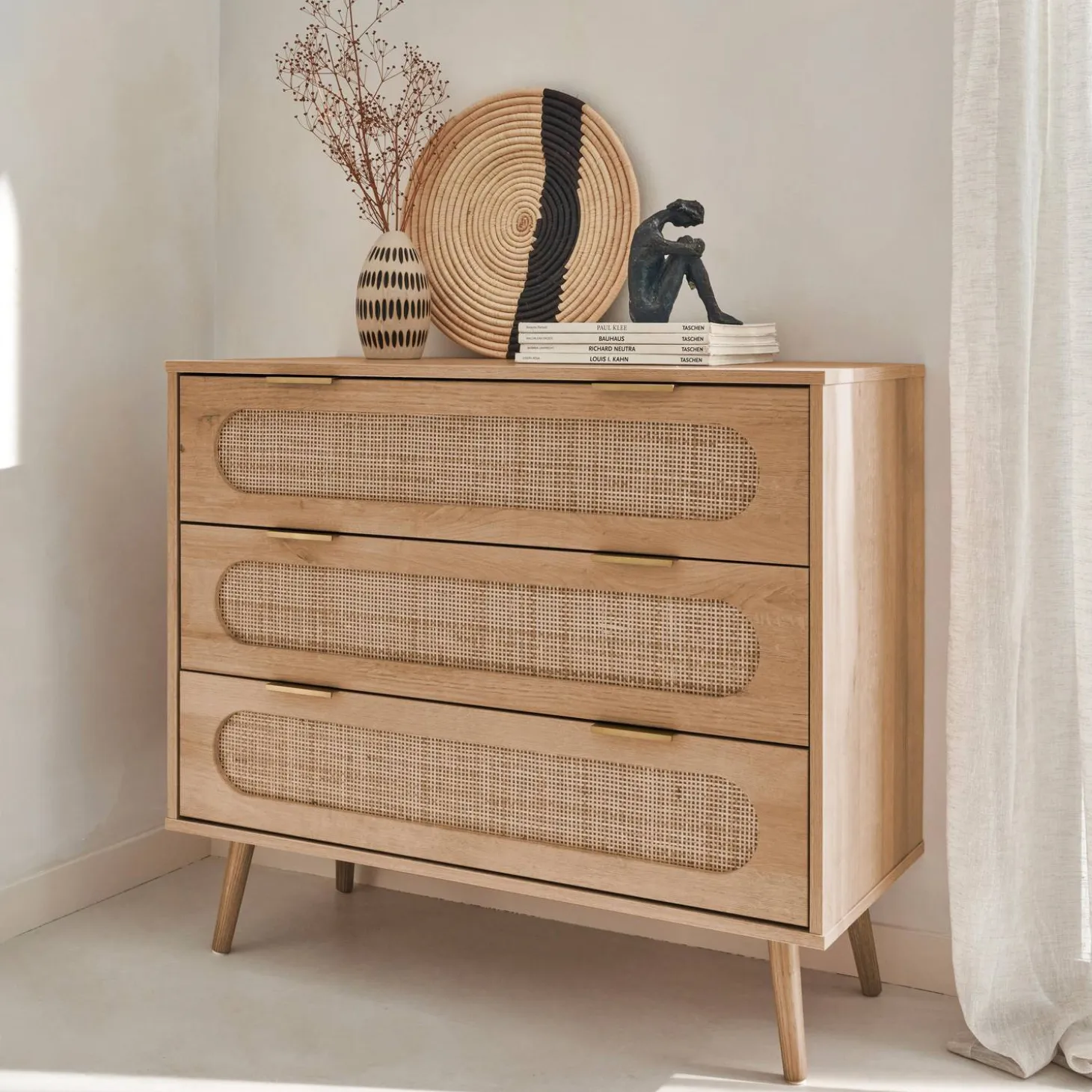3-drawer chest with wood and rounded cane rattan