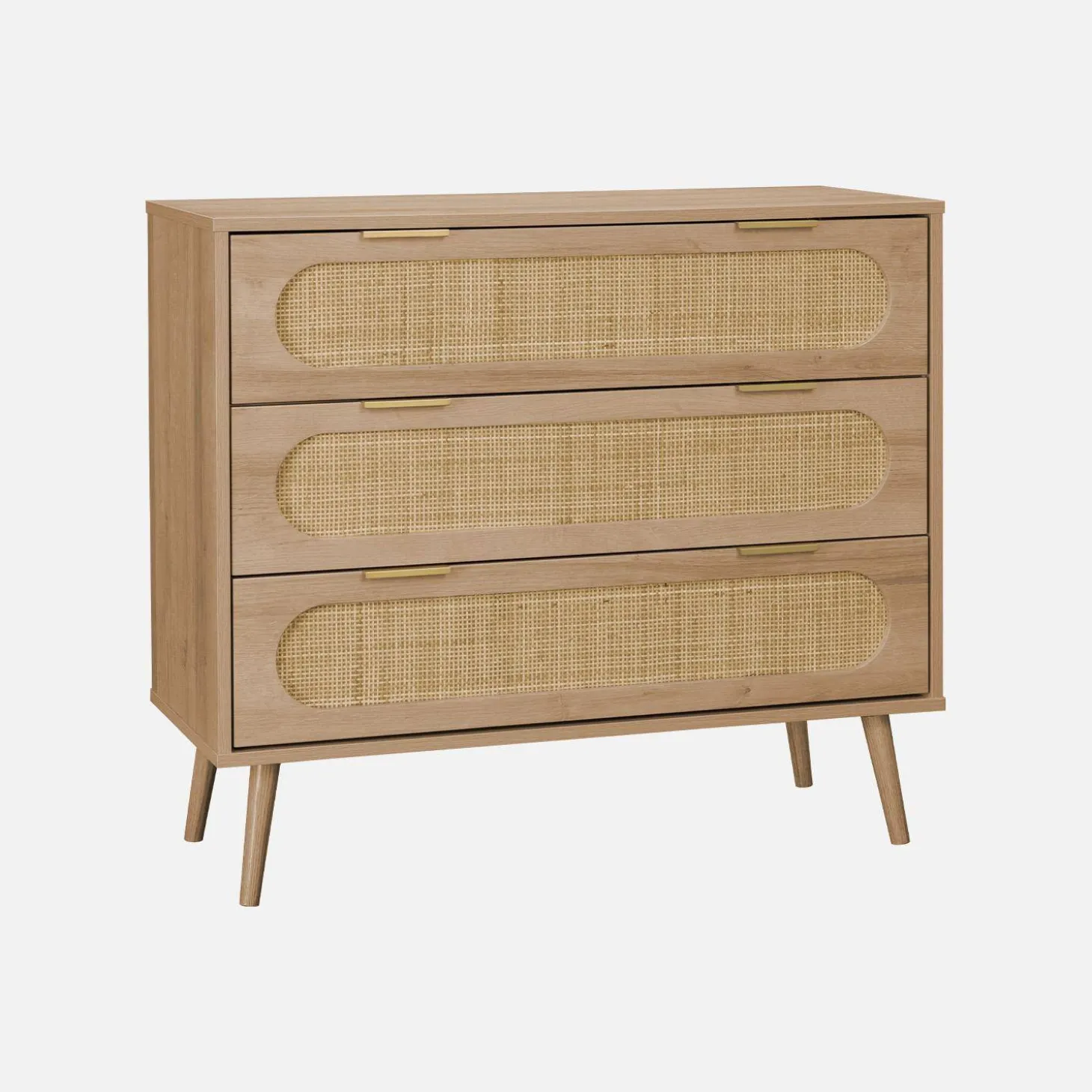 3-drawer chest with wood and rounded cane rattan