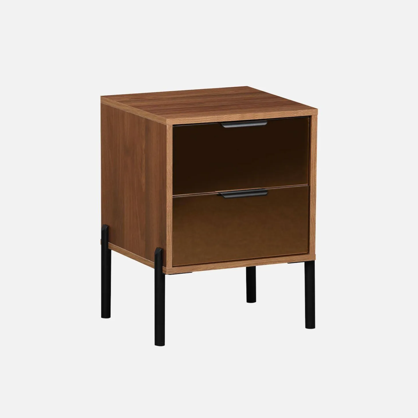 2-drawer vintage bedside table with glass and wooden effect