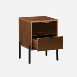 2-drawer vintage bedside table with glass and wooden effect