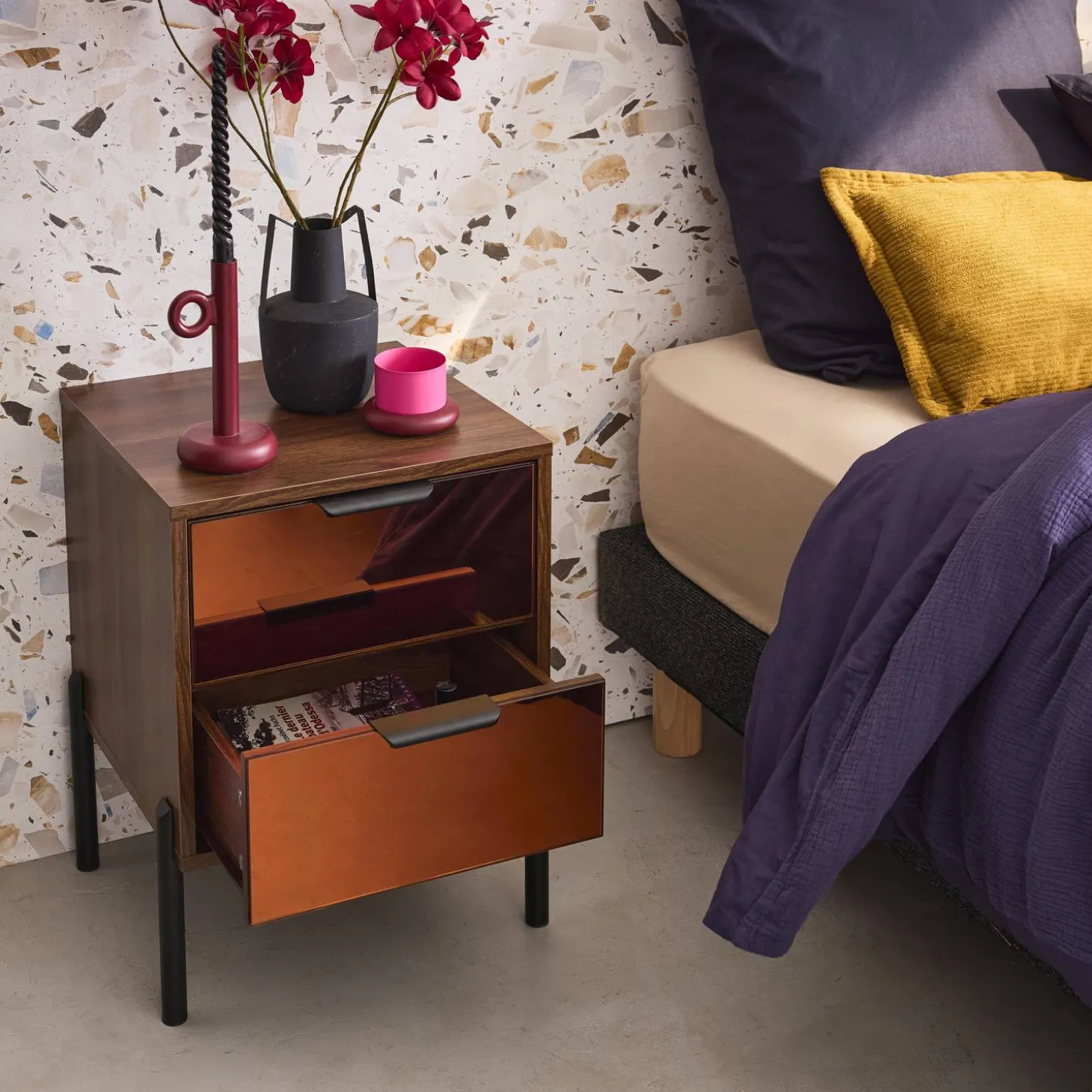 2-drawer vintage bedside table with glass and wooden effect