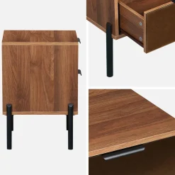 2-drawer vintage bedside table with glass and wooden effect