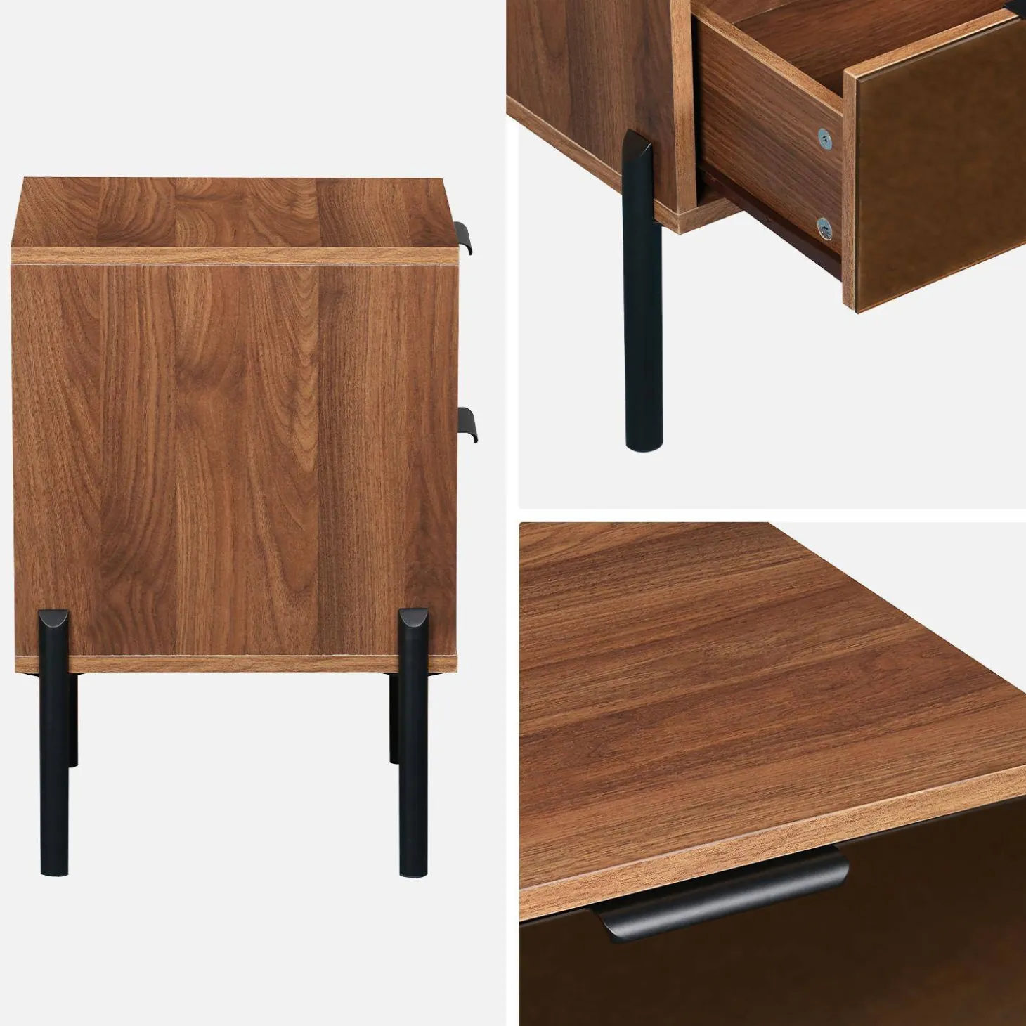 2-drawer vintage bedside table with glass and wooden effect