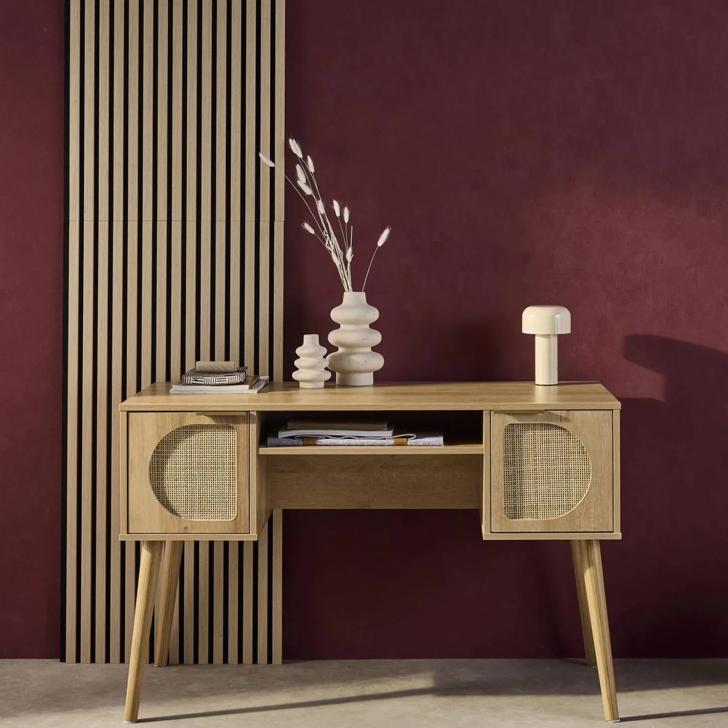 2-drawer wooden and cane effect desk