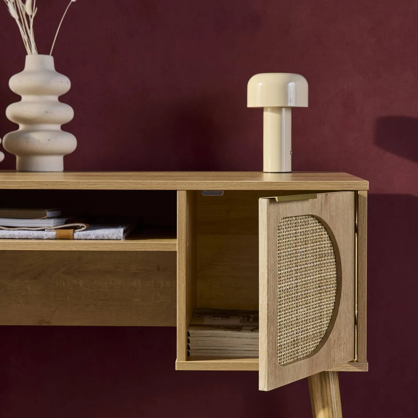 2-drawer wooden and cane effect desk