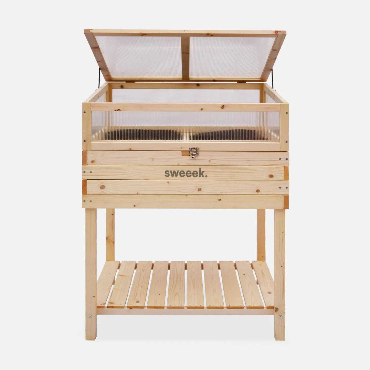 Elevated wooden planter with polycarbonate greenhouse