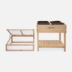 Elevated wooden planter with polycarbonate greenhouse