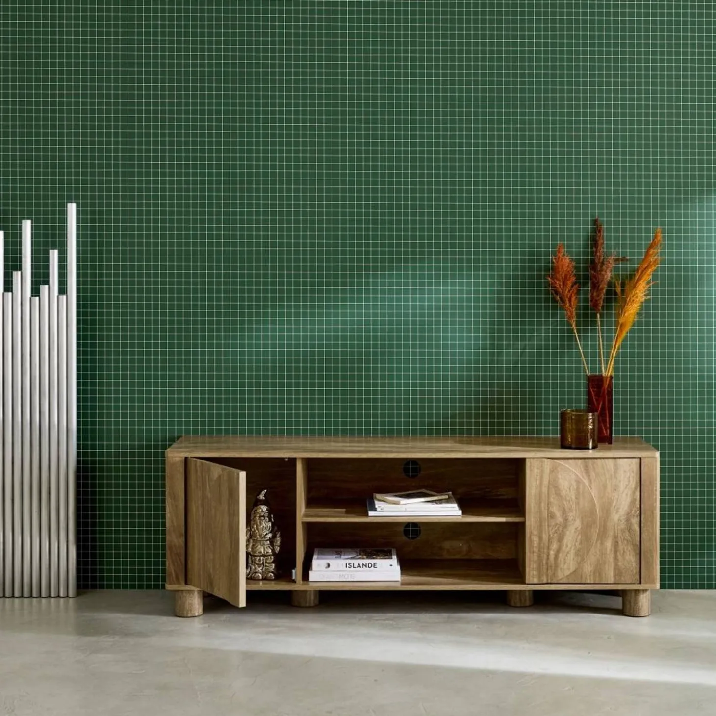 Exotic wood effect TV unit with 2 reversible doors 155cm
