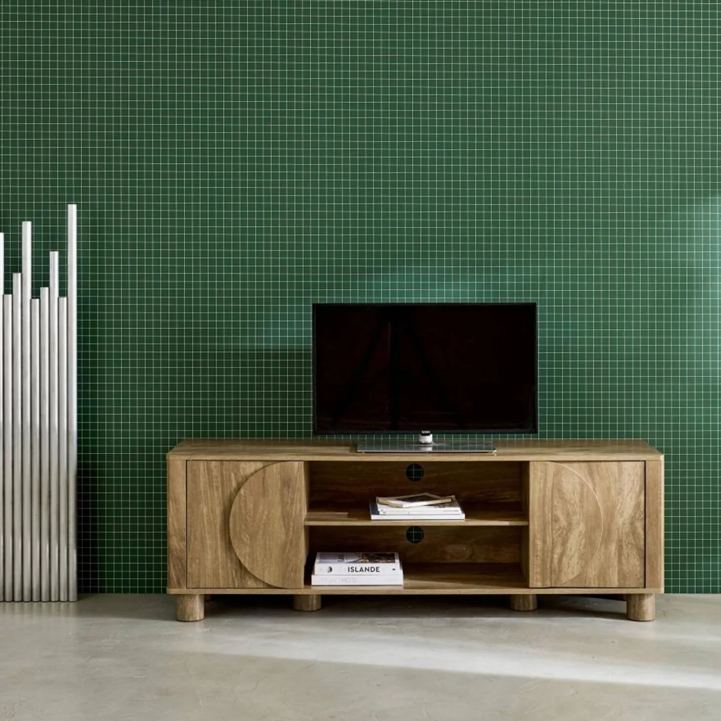 Exotic wood effect TV unit with 2 reversible doors 155cm