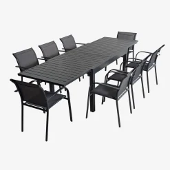 Extendable aluminium garden table + 8 armchairs