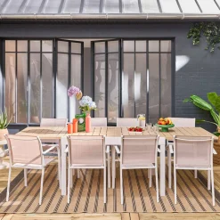 Extendable aluminium garden table + 8 armchairs