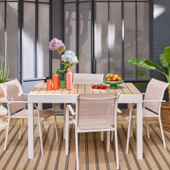 Extendable aluminium garden table + 8 armchairs