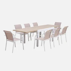Extendable aluminium garden table + 8 armchairs