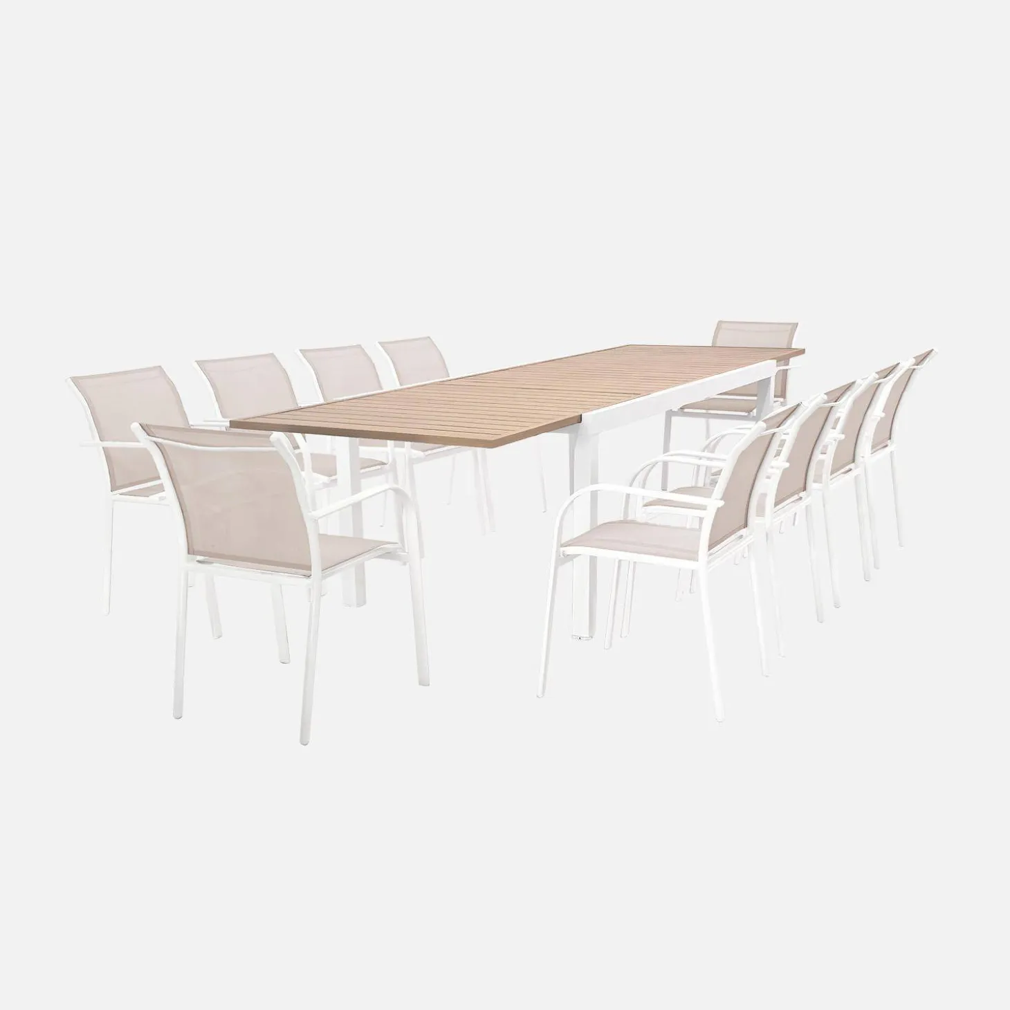 Extendable aluminium garden table + 10 armchairs