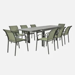Extendable aluminium garden table + 8 armchairs