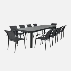 Extendable aluminum garden table 180/240/300cm + 10 armchairs