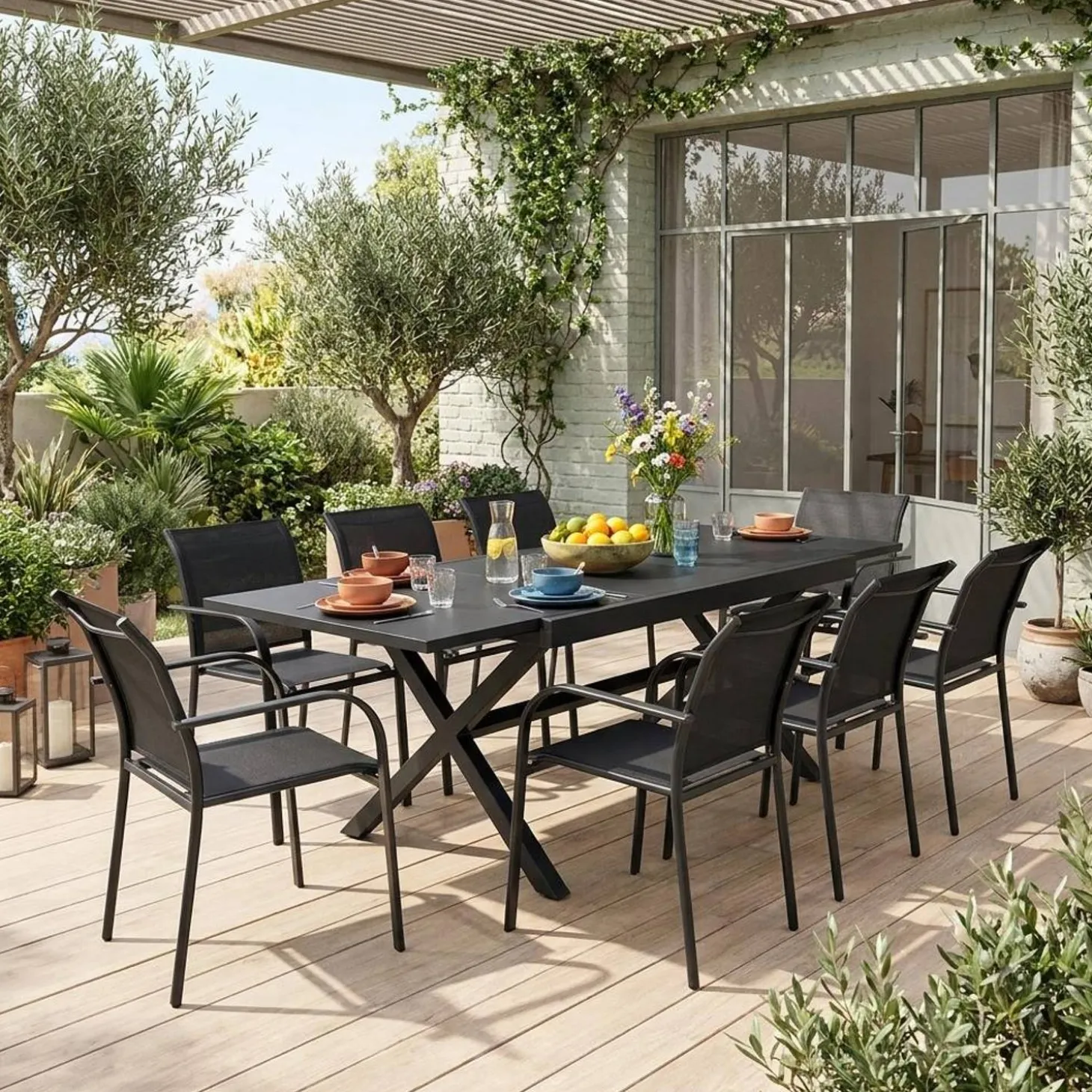 Extendable aluminum garden table 160/240 cm + 8 armchairs