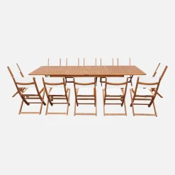 Extendable eucalyptus wood garden table + 12 chairs