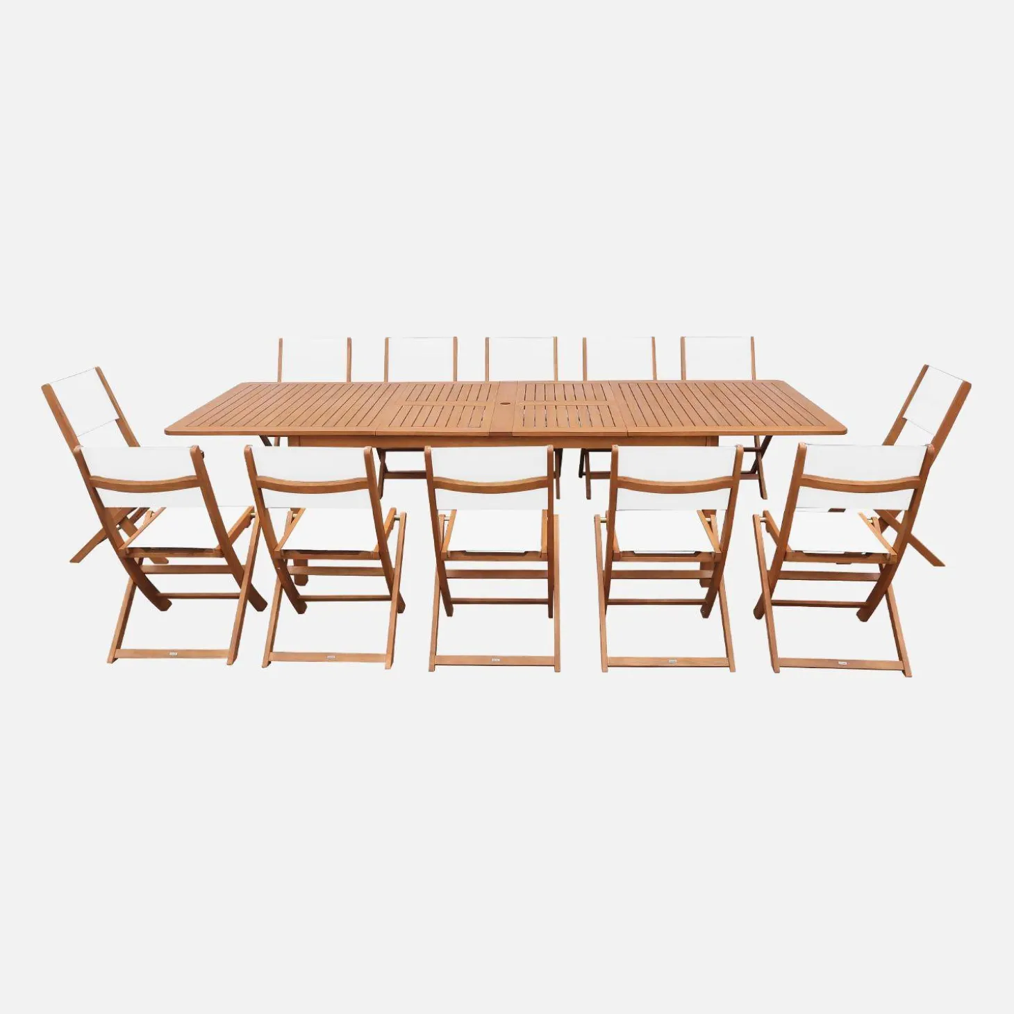 Extendable eucalyptus wood garden table + 12 chairs