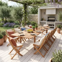 Extendable eucalyptus wood garden table + 12 chairs