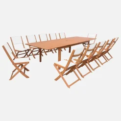 Extendable eucalyptus wood garden table + 12 chairs