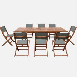 Extendable eucalyptus wood garden table + 8 chairs