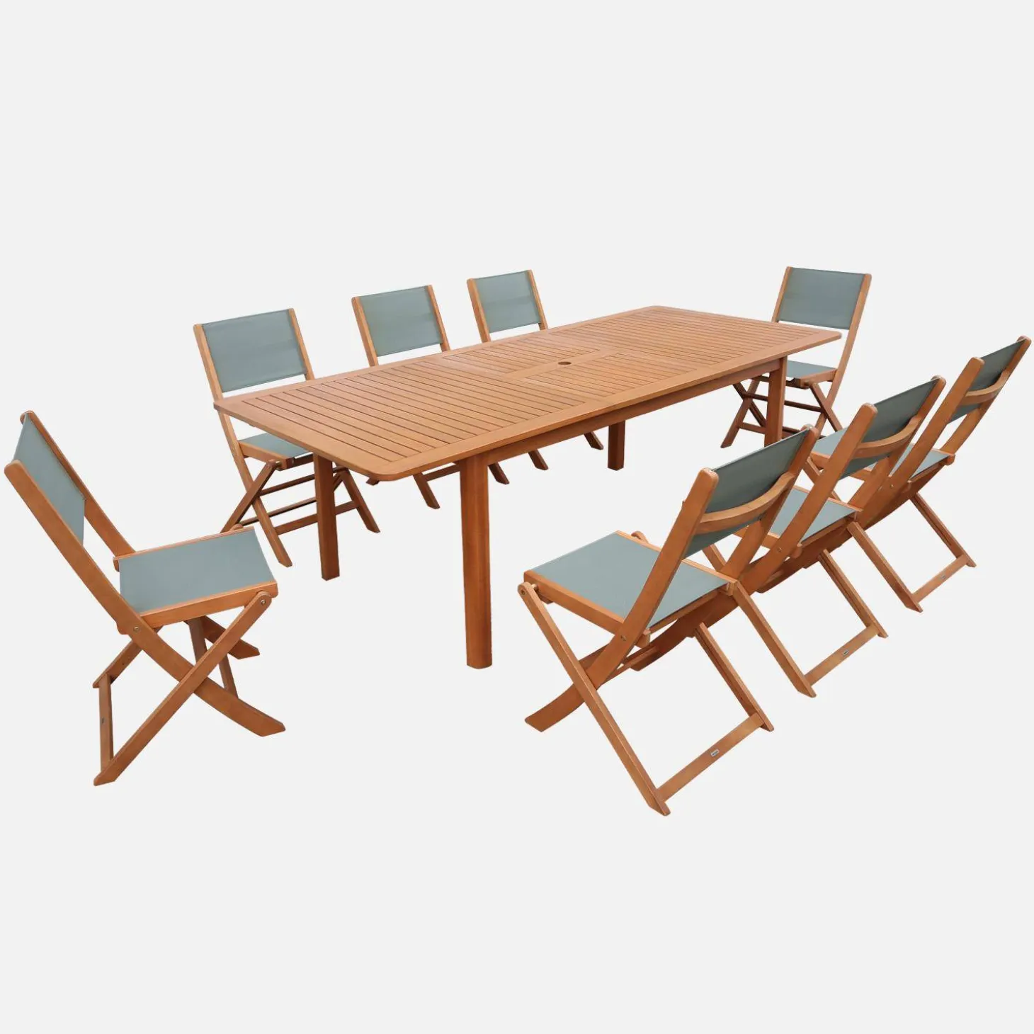 Extendable eucalyptus wood garden table + 8 chairs