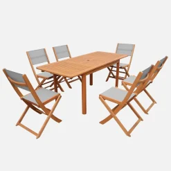 Extendable eucalyptus wood garden table + 6 chairs