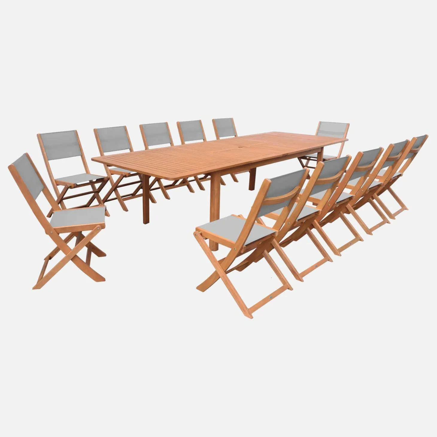 Extendable eucalyptus wood garden table + 12 chairs