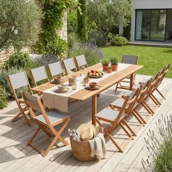 Extendable eucalyptus wood garden table + 12 chairs