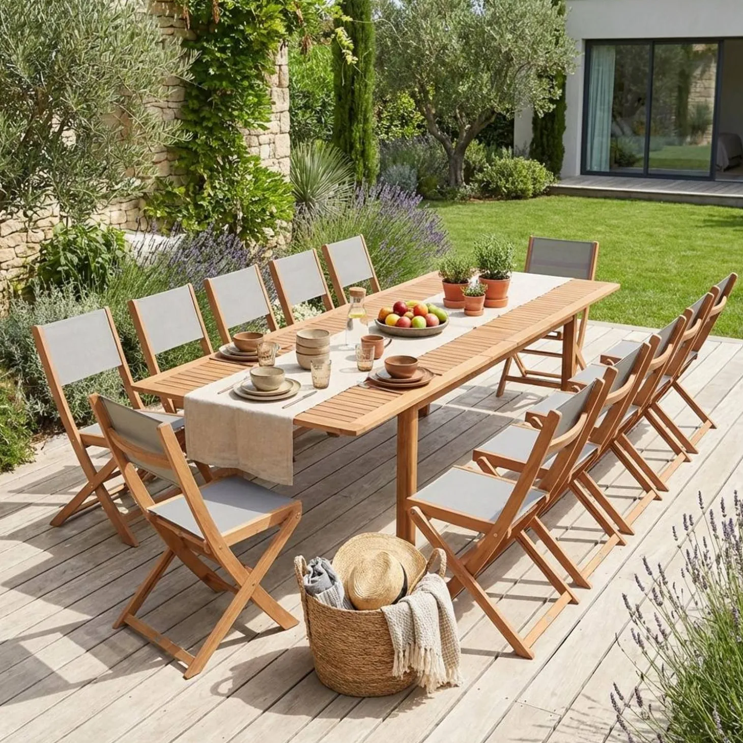 Extendable eucalyptus wood garden table + 12 chairs