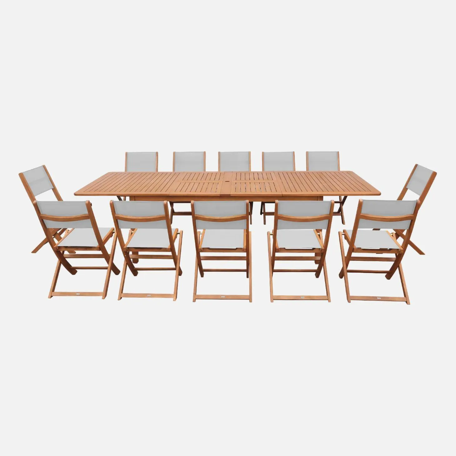 Extendable eucalyptus wood garden table + 12 chairs
