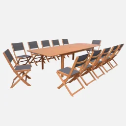 Extendable eucalyptus wood garden table + 12 chairs