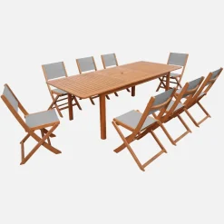 Extendable eucalyptus wood garden table + 8 chairs